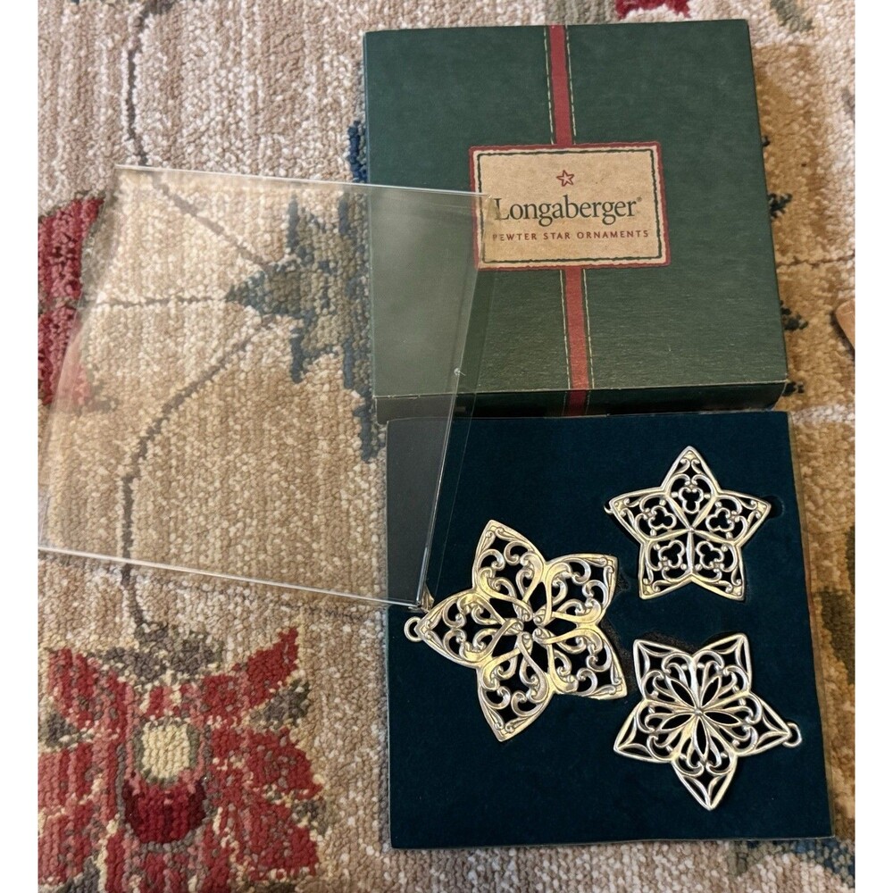 Vintage 2001 Longaberger Pewter Star Ornaments Set of 3 In Box